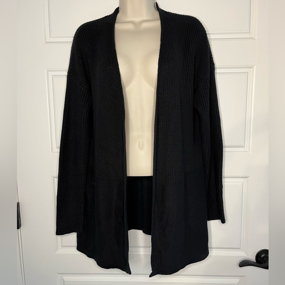 J. McLaughlin Open Front Knit Longline Black Cardigan Sweater Cotton Blend M